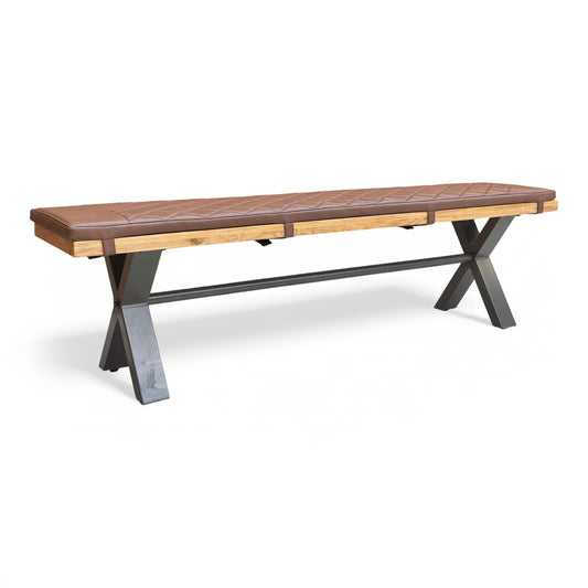 Full view of the 'Earth' Solid Oak 180cm Dining Bench with Tan Faux Leather Bench Pad.