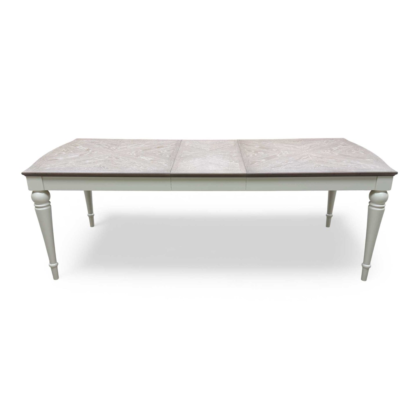 Frontal view of the Annecy 180cm Extending Dining Table with soft grey painted base and oak veneer top.