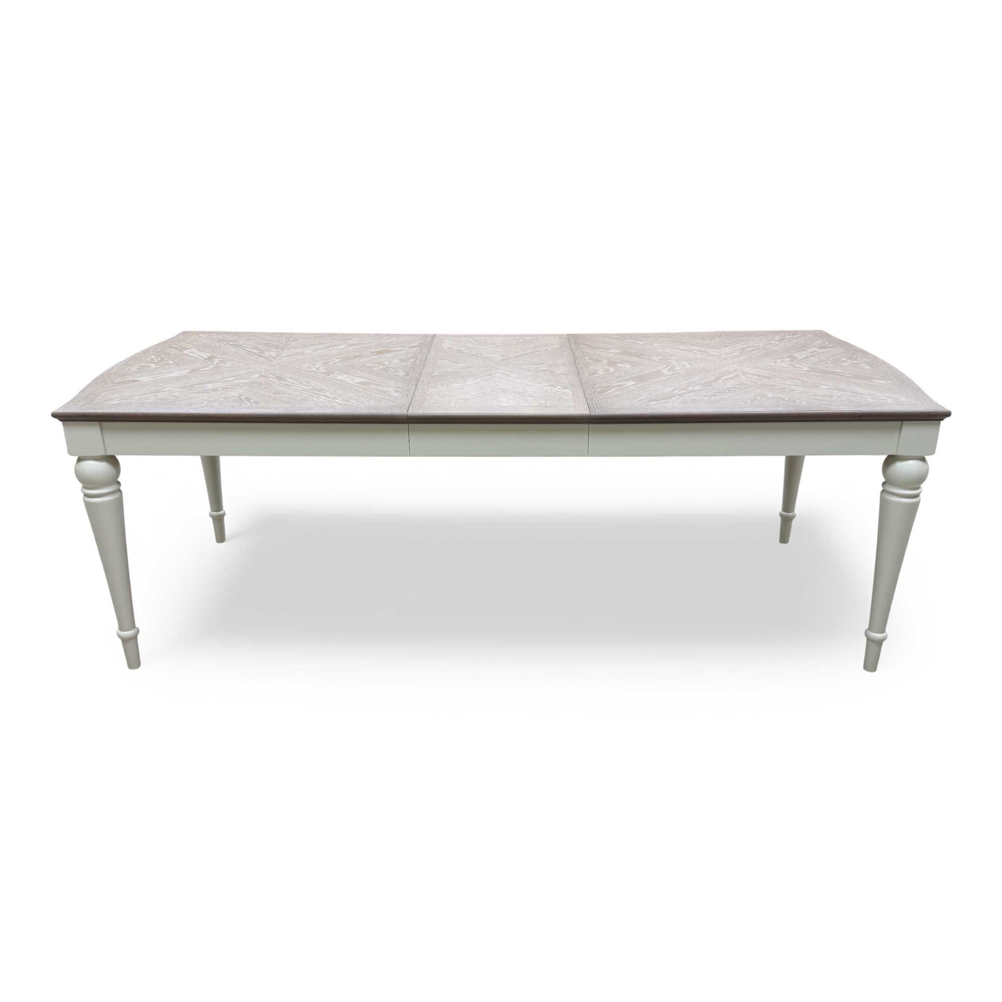 Frontal view of the Annecy 180cm Extending Dining Table with soft grey painted base and oak veneer top.