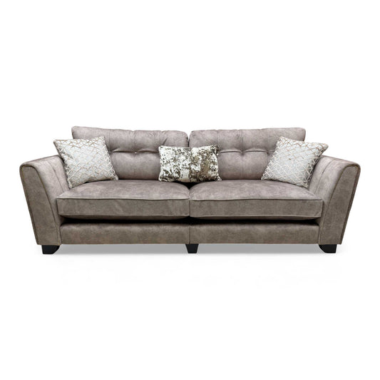 Full frontal view of the 'Mariah' Dapple Chocolate Velvet Classic Back 4 Seater Sofa.