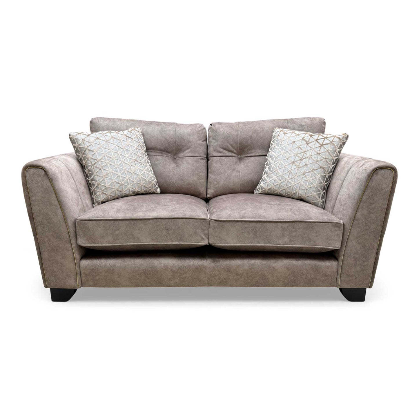 Full frontal view of the 'Mariah' Dapple Chocolate Velvet Classic Back 2 Seater Sofa.