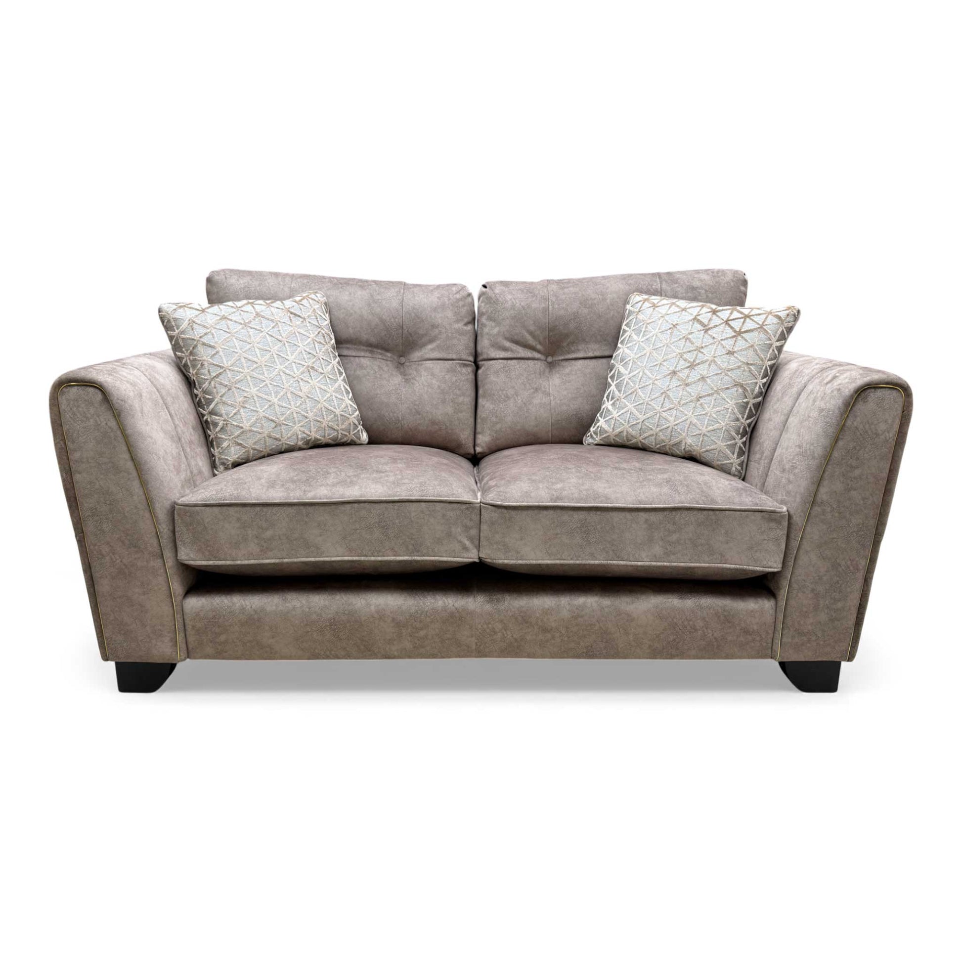 Full frontal view of the 'Mariah' Dapple Chocolate Velvet Classic Back 2 Seater Sofa.