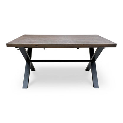 Side view highlighting the dark oak finish and industrial metal legs of the dining table.