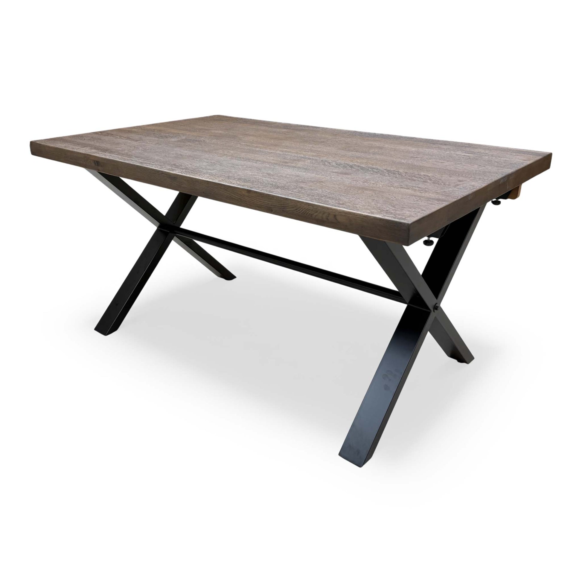Close-up view of the table's dark metal legs/base.