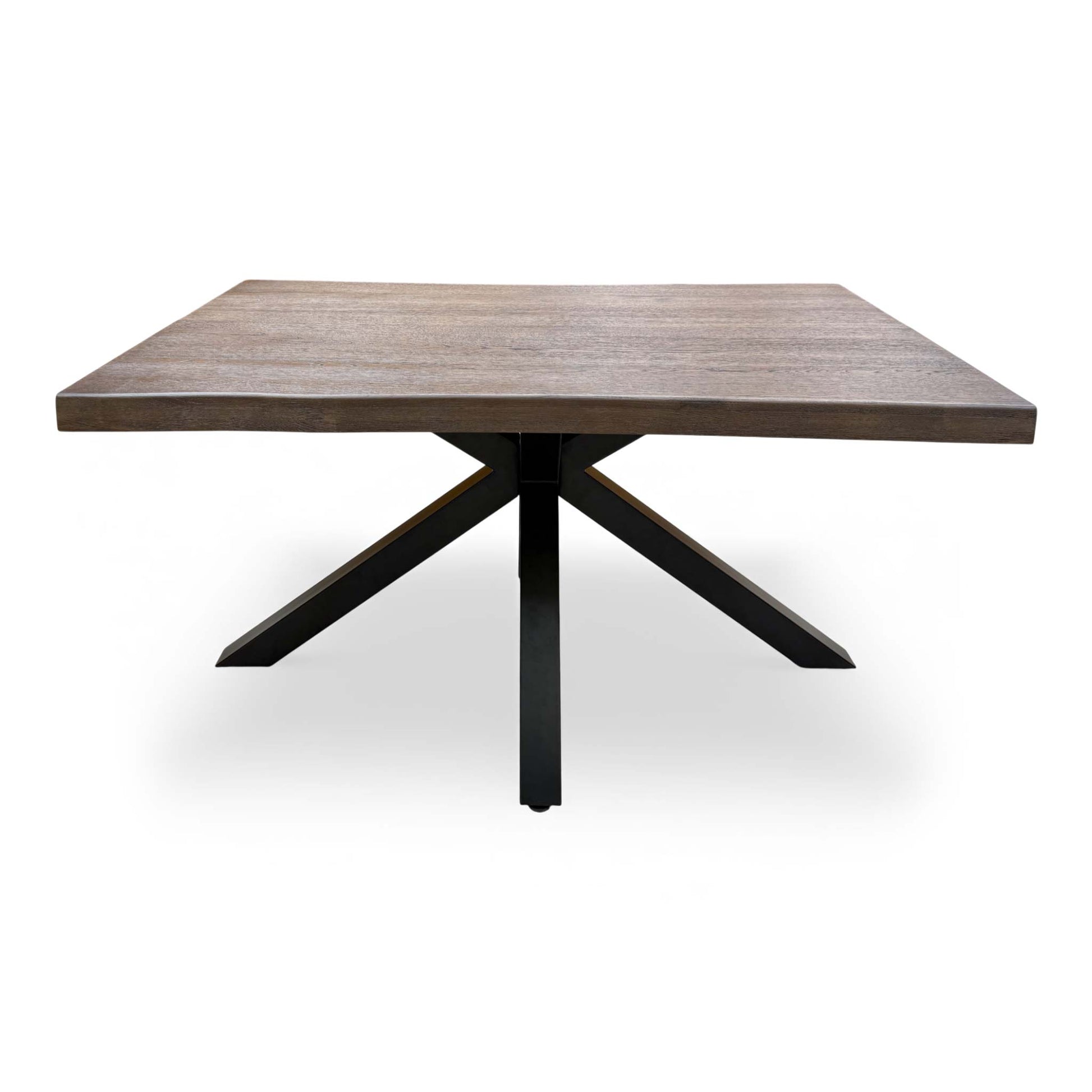 Angled view highlighting the dark oak finish and natural live edge of the tabletop.