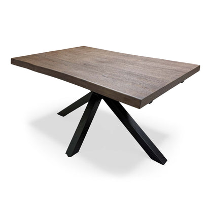 Close-up showing the connection point between the dark oak tabletop and the legs.