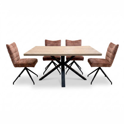 'Saturn' Solid Oak Compact 135cm Fixed Dining Table with Rust Sumptuous Velvet Dining Chairs - Set of 4 Furniture Village