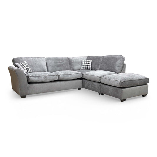Full view of the Rosie sofa highlighting the right-hand facing chaise extension and durable textured grey upholstery.