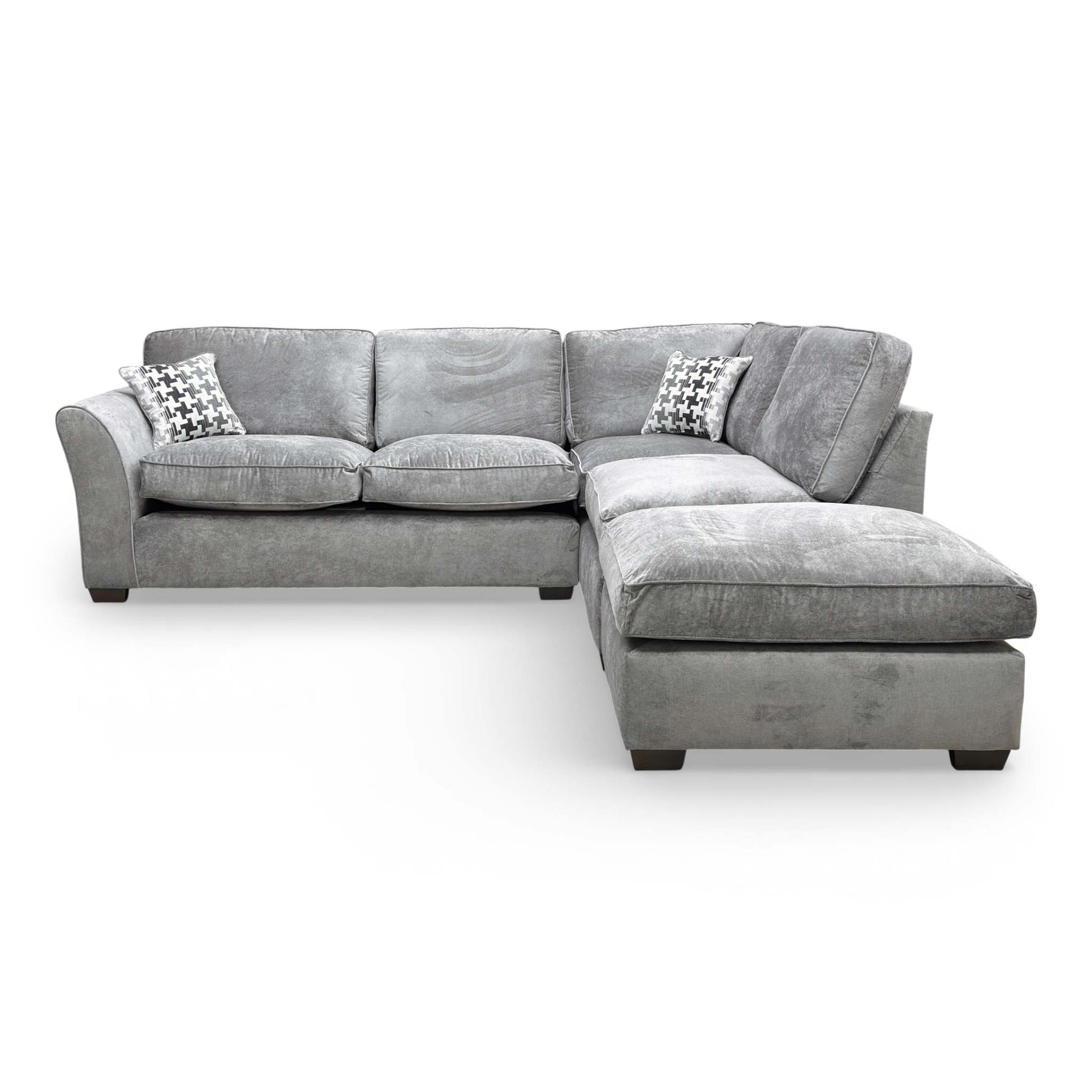 Angled view of the Rosie corner sofa, emphasizing the clean lines and the comfortable depth of the seating area.