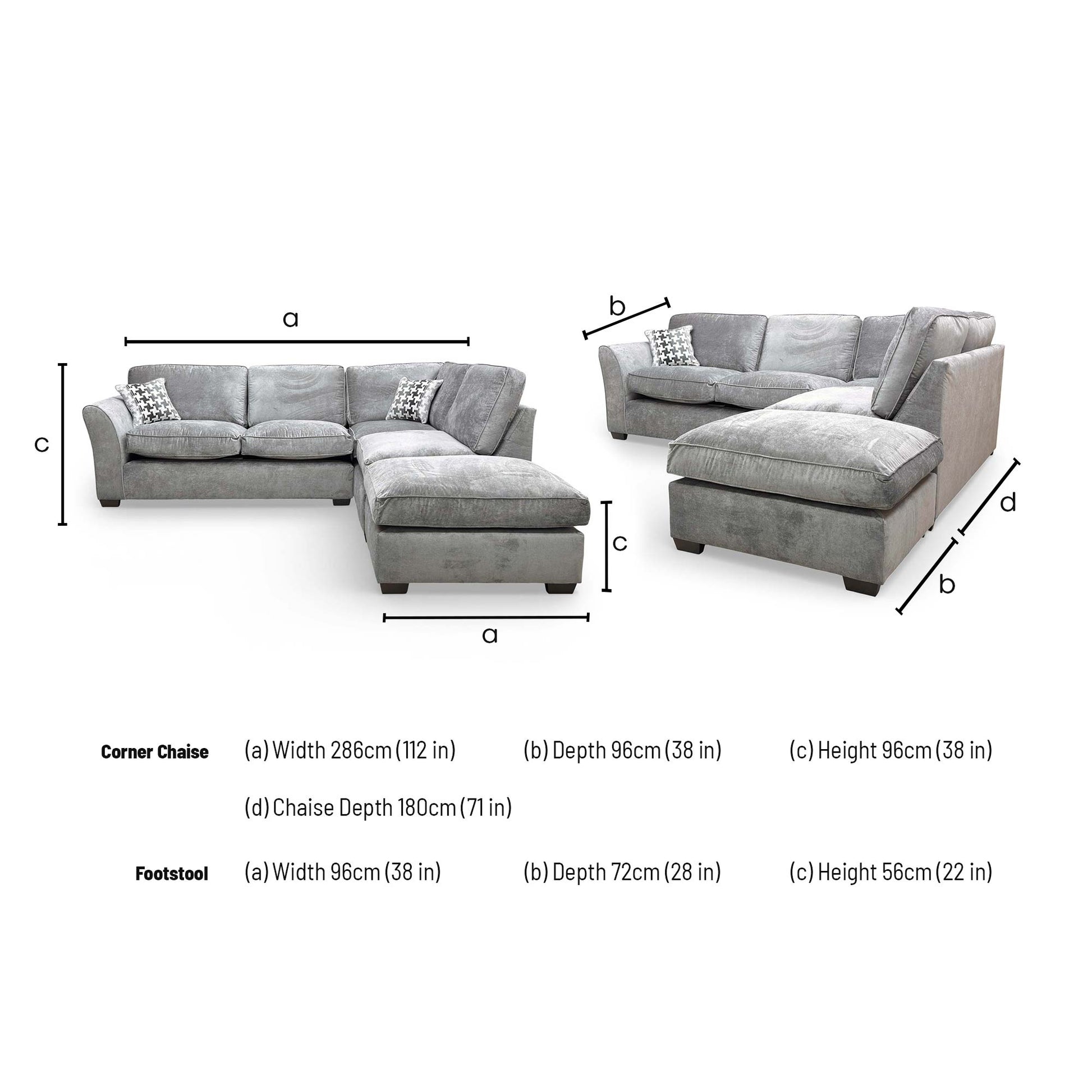 Dimensions for the Thornbrook ‘Rosie’ Kingston Grey Fabric Right Hand Facing Open End Chaise Corner Sofa.