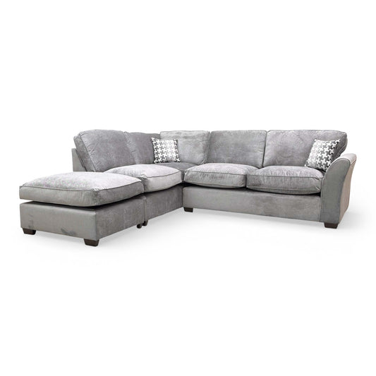 Full view of the Thornbrook ‘Rosie’ left-hand facing chaise corner sofa in Kingston Grey fabric, featuring a modern open-end design and plush scatter cushions.