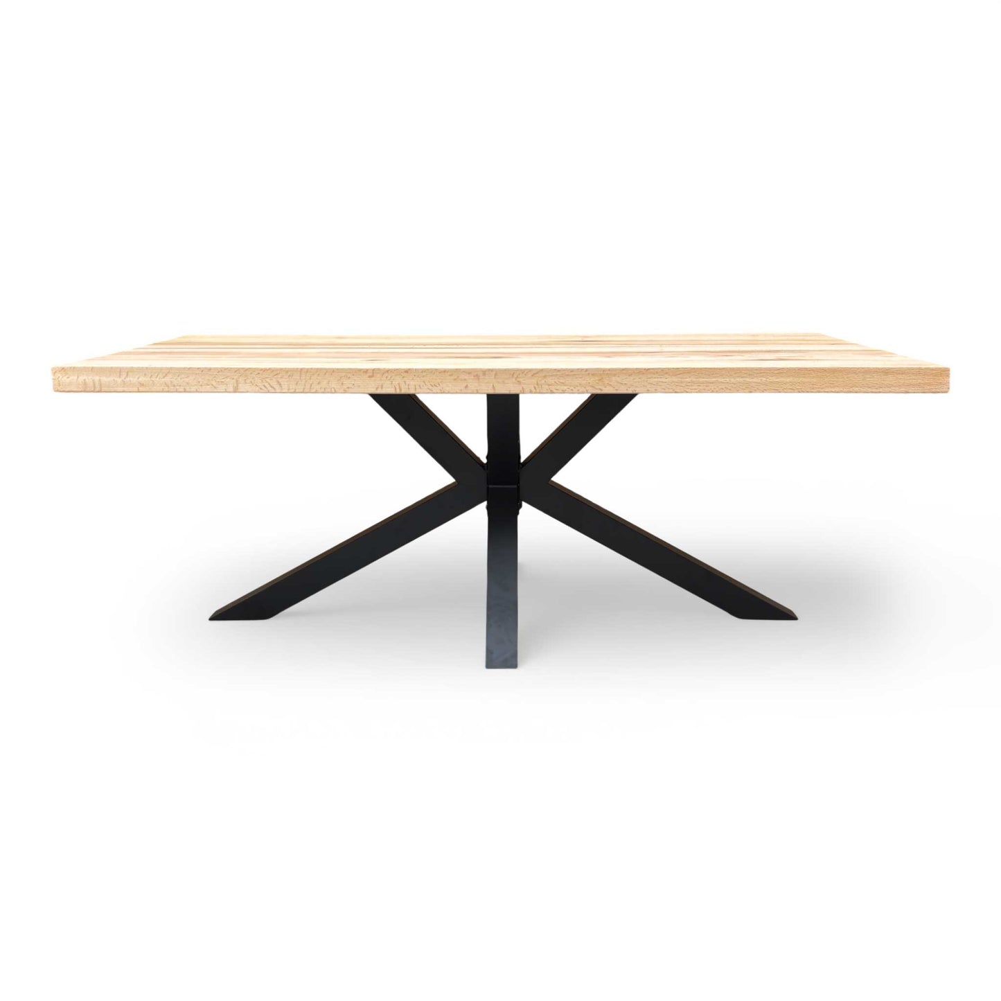 High-angle shot of the table top surface, highlighting the natural oak texture and straight edge.