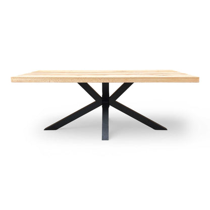 High-angle shot of the table top surface, highlighting the natural oak texture and straight edge.