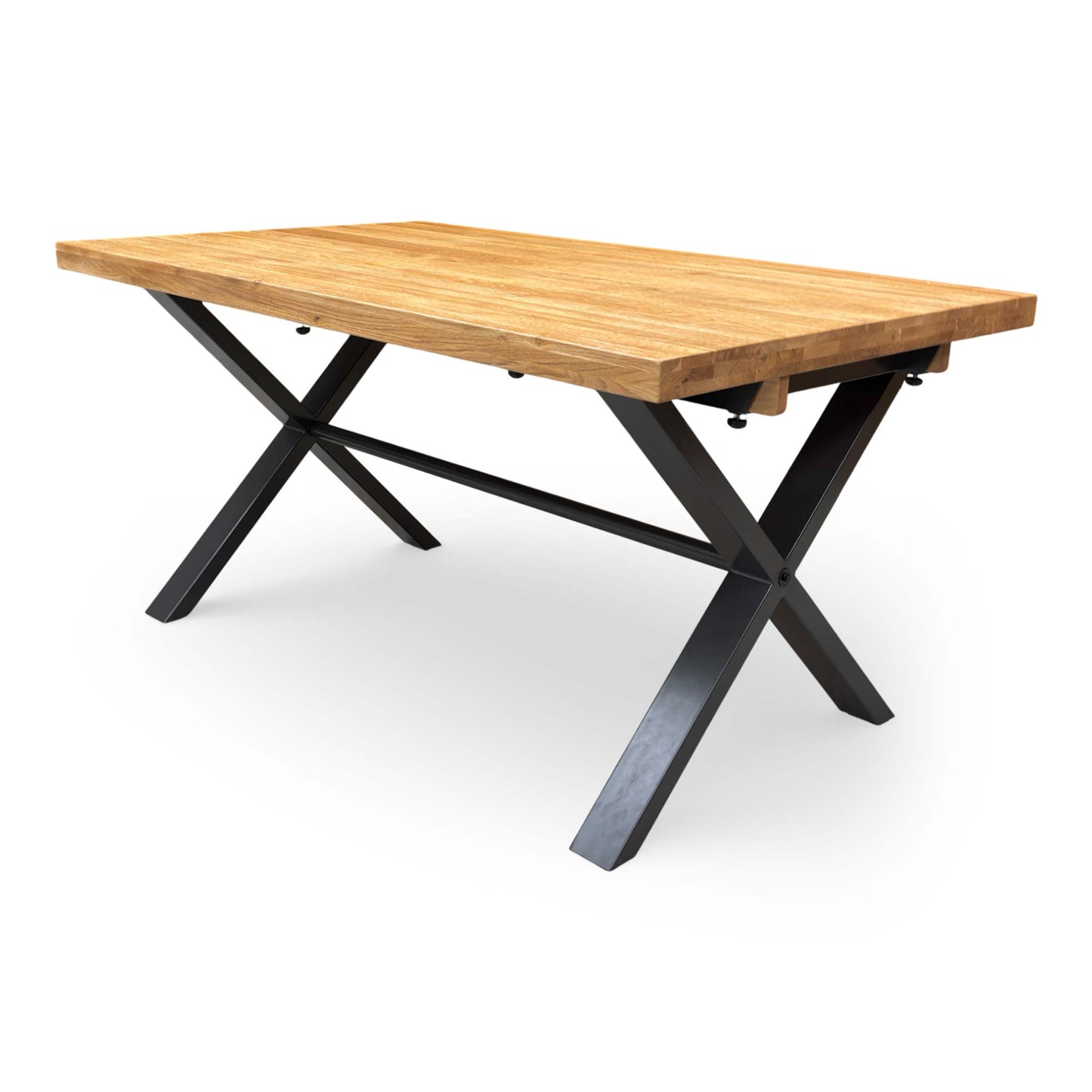 Close-up of the grey powder-coated metal X-leg joining the solid oak table top.