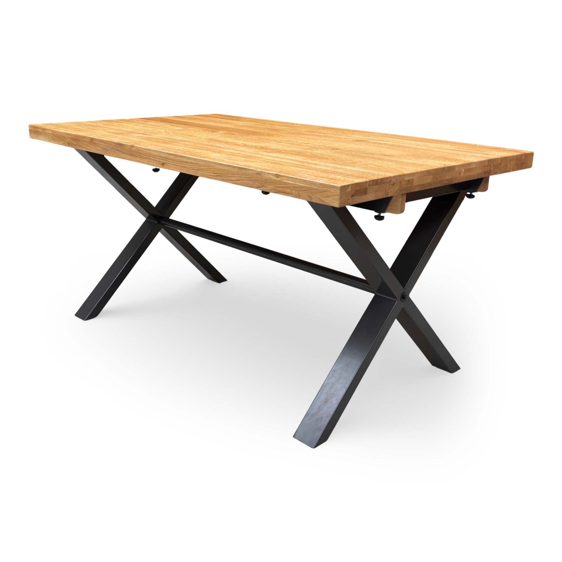 Close-up of the grey powder-coated metal X-leg joining the solid oak table top.