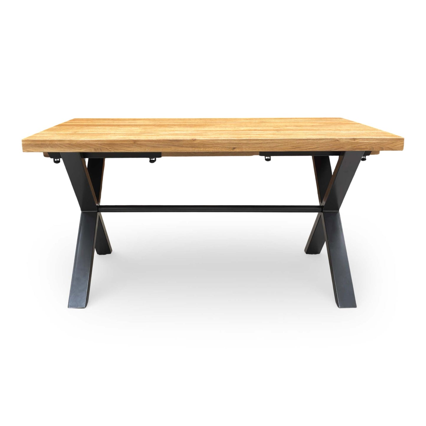 High-angle shot of the dining table surface, focusing on the natural wood grain and rustic oiled finish.