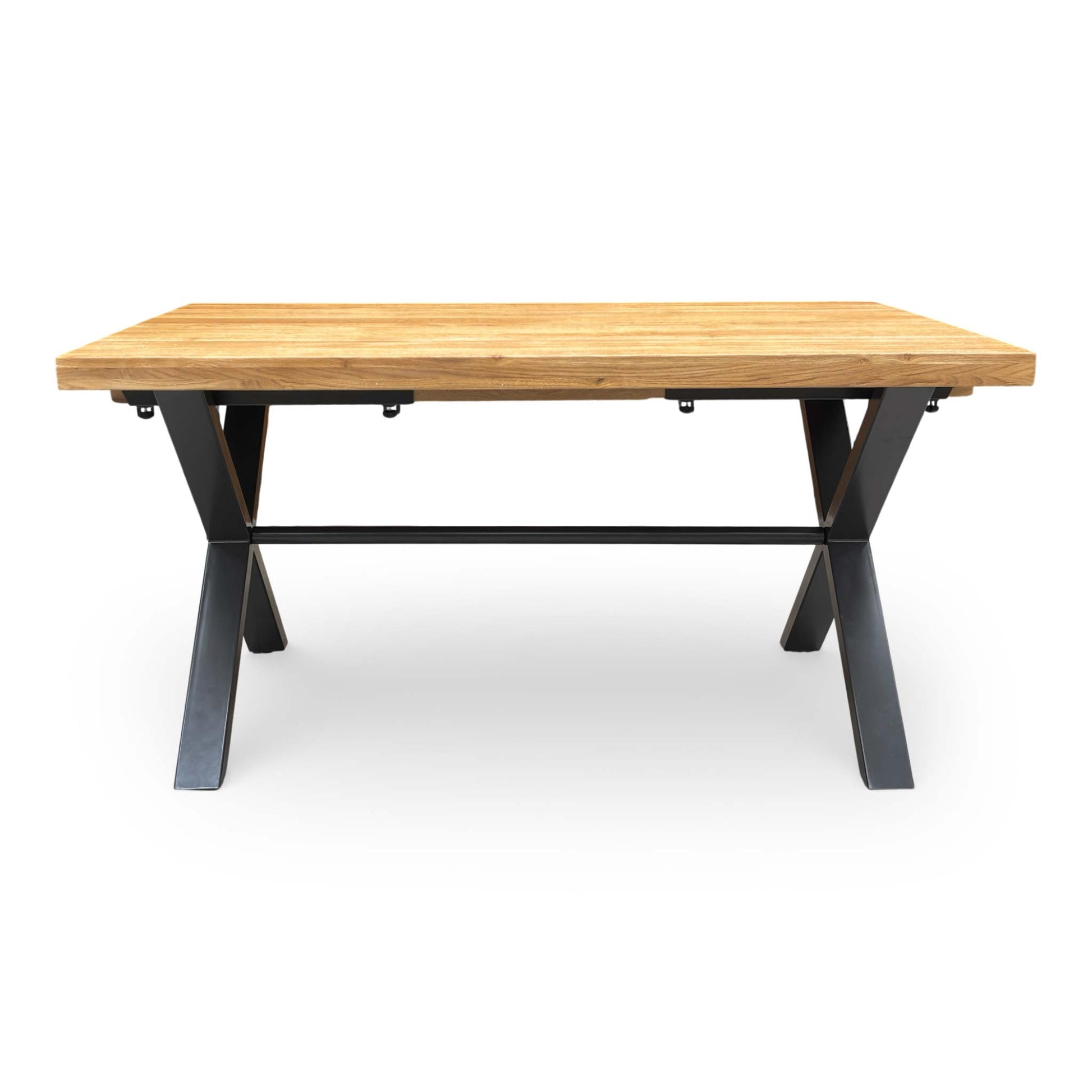 High-angle shot of the dining table surface, focusing on the natural wood grain and rustic oiled finish.