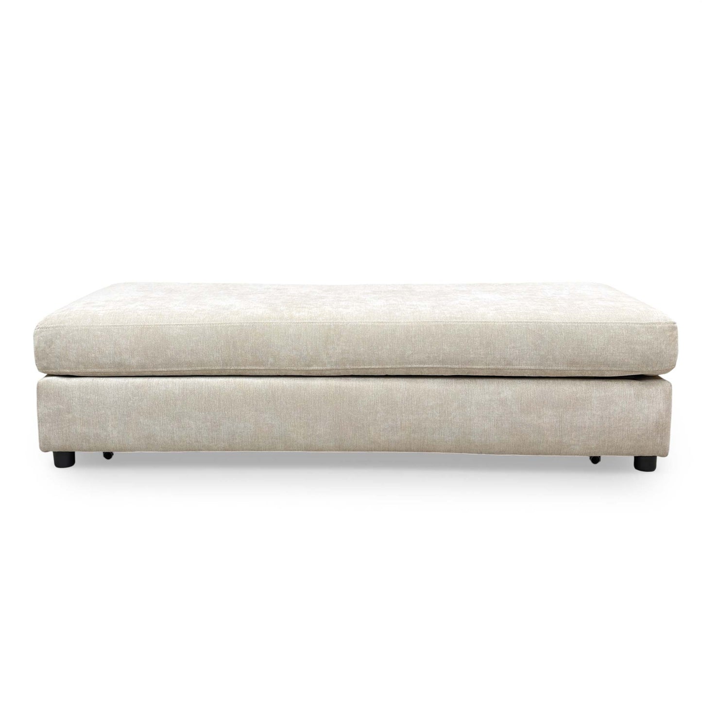 Detailed shot of the sturdy ebony-finished wooden feet and the neat stitching along the stool base.