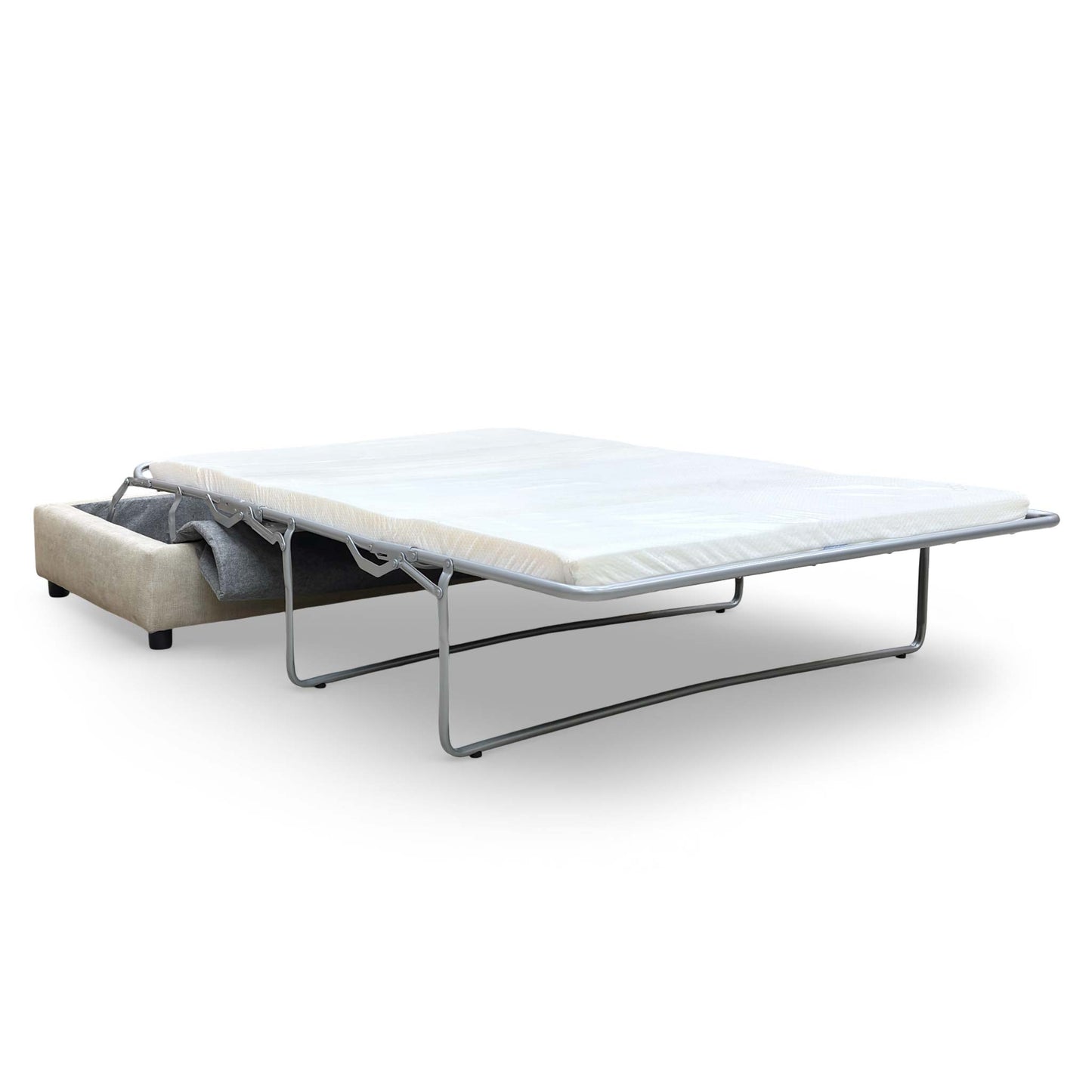 The stool fully converted into a double bed, showing the mattress and sleeping area.