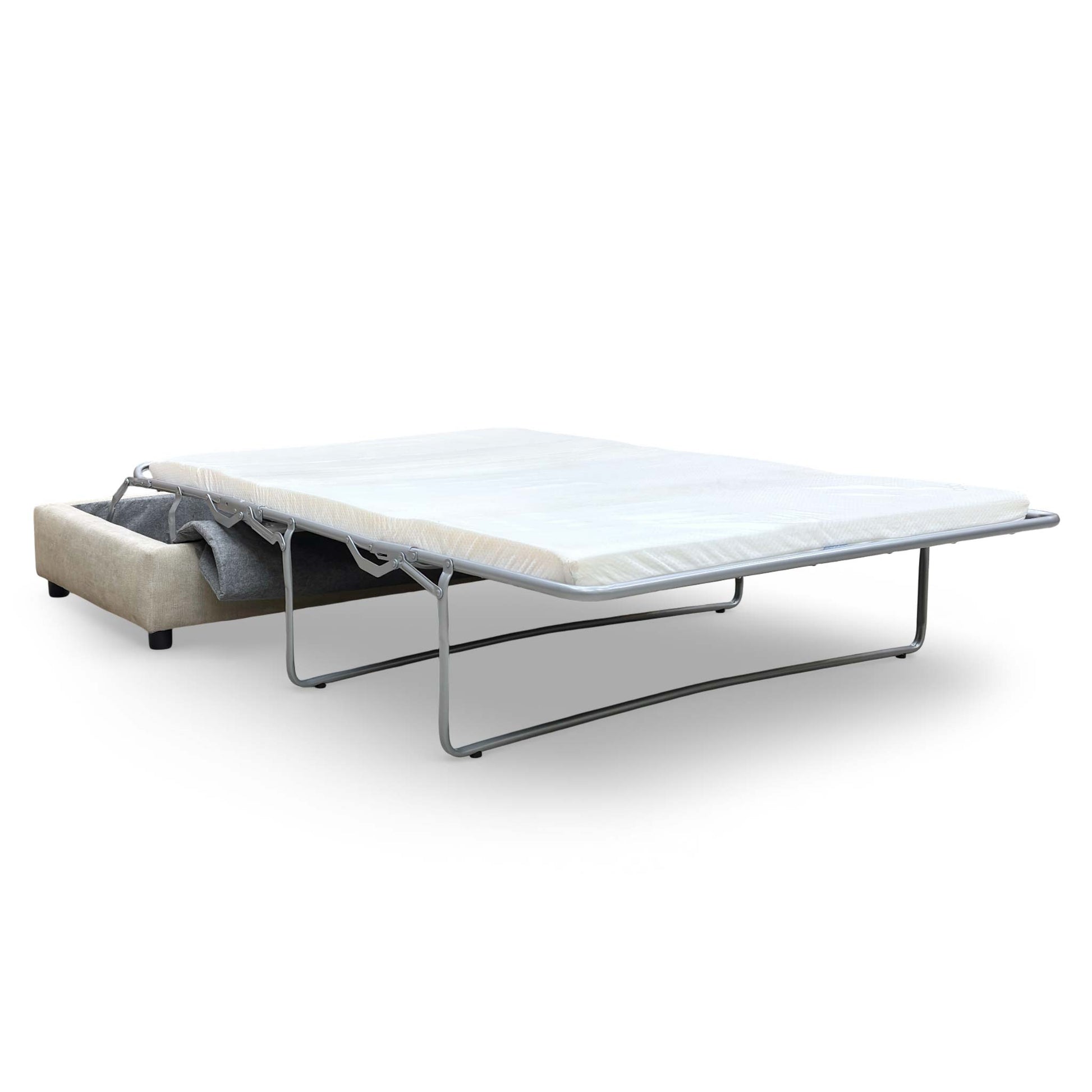 The stool fully converted into a double bed, showing the mattress and sleeping area.