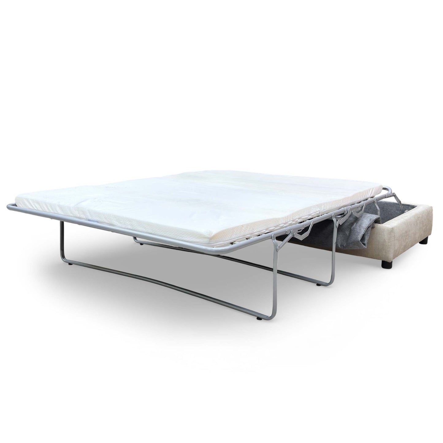 Action shot showing the footstool partially opened to reveal the hidden bed mechanism inside.