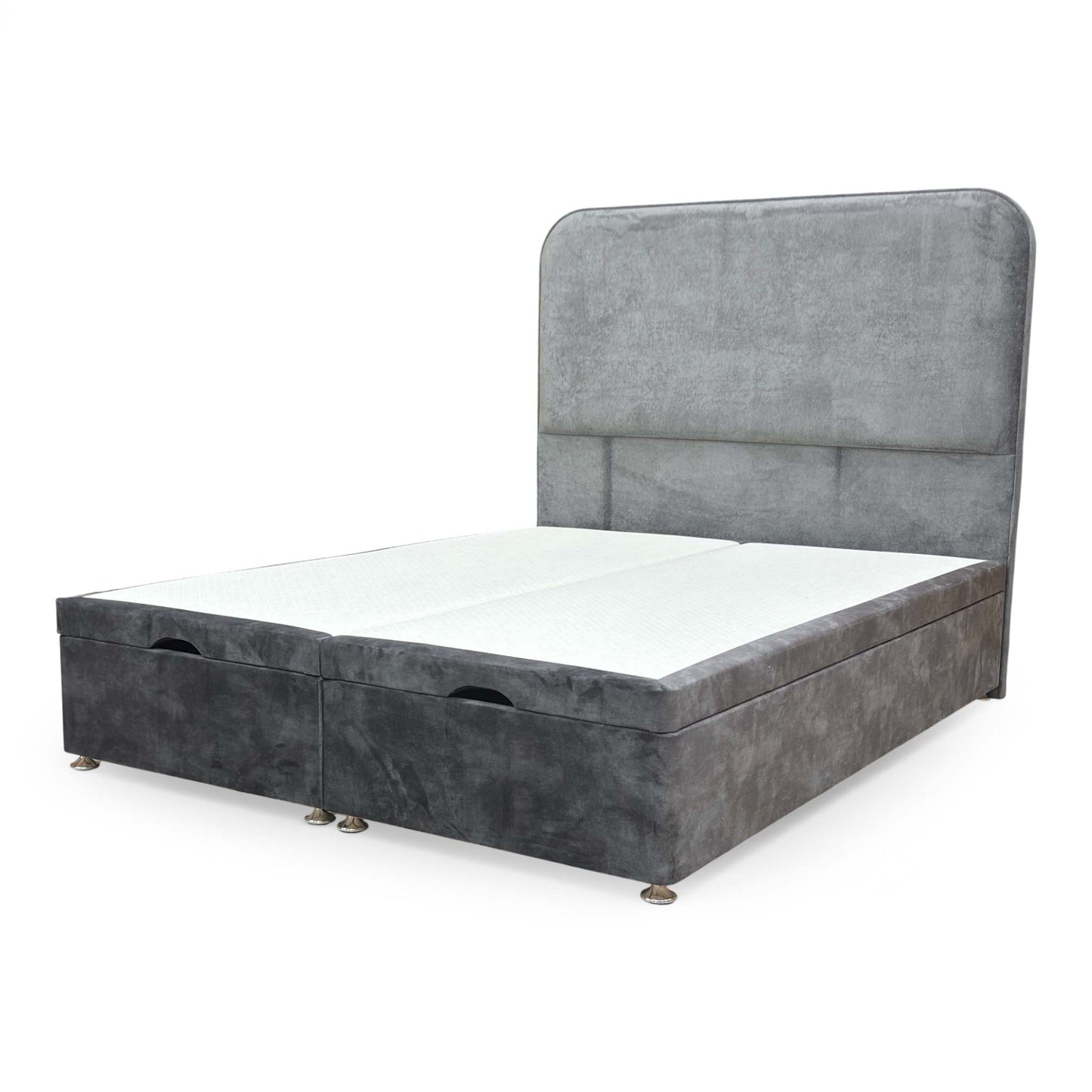 View of the ottoman base with the double end lift mechanism fully raised, showing the spacious internal storage compartment.