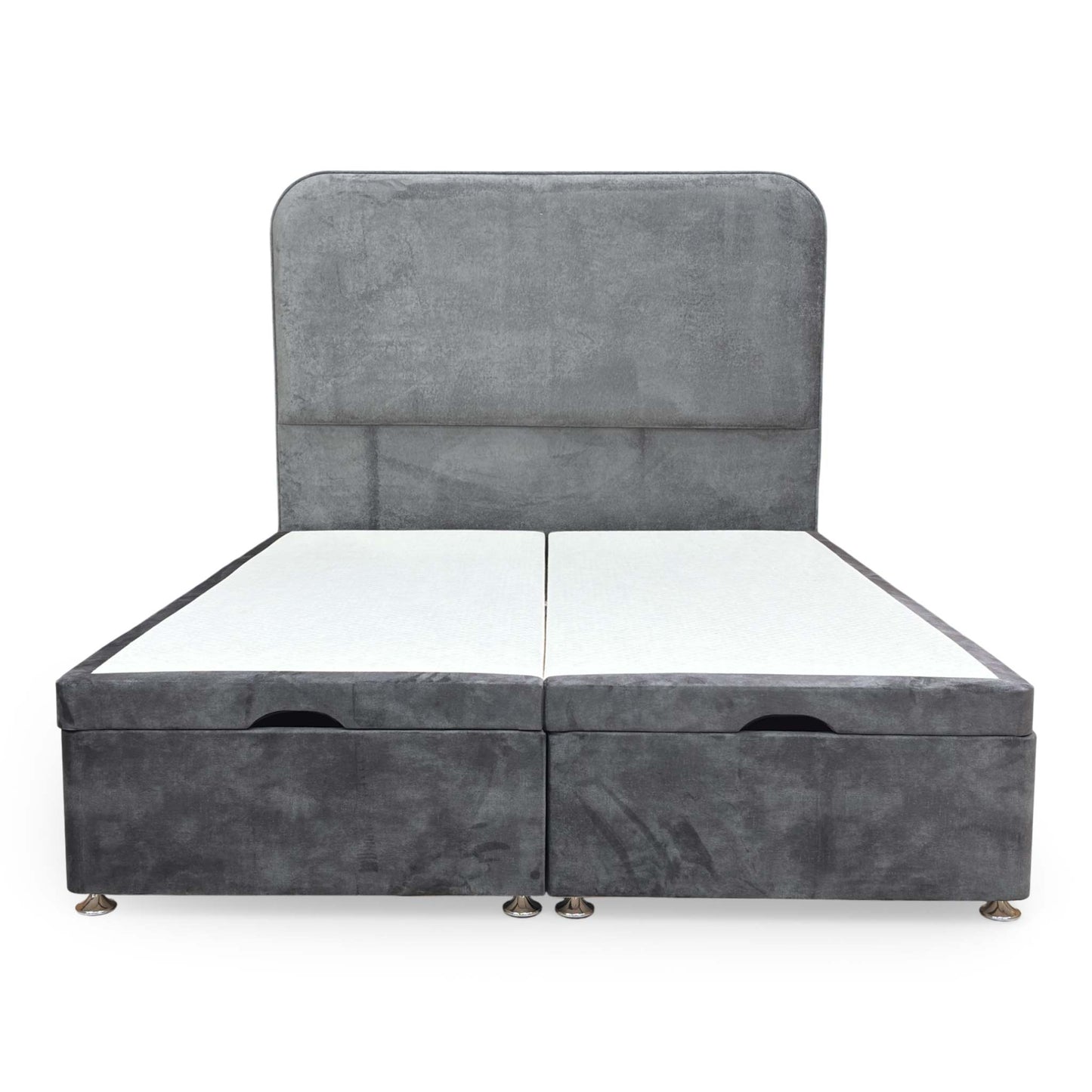 View of the bed from a low angle, showcasing the sturdy construction of the double-lift ottoman base.