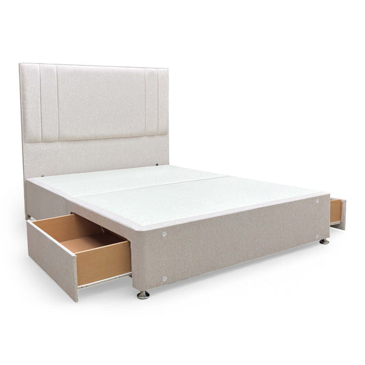 Detail shot of the Orkney Oat fabric texture and the clean lines of the floor-standing headboard.