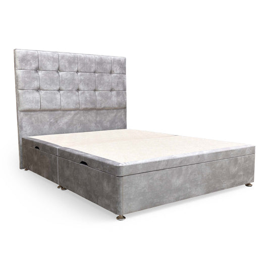 Full view of the King size Highgrove Capricorn ottoman bed with the Dolphin Velvet floor-standing headboard.