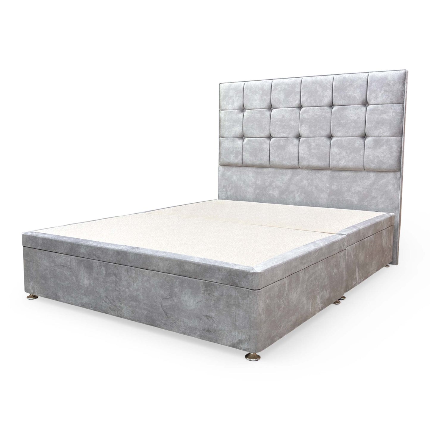 High-angle shot showing the bed base without a mattress to highlight the dual-lift ottoman storage area.