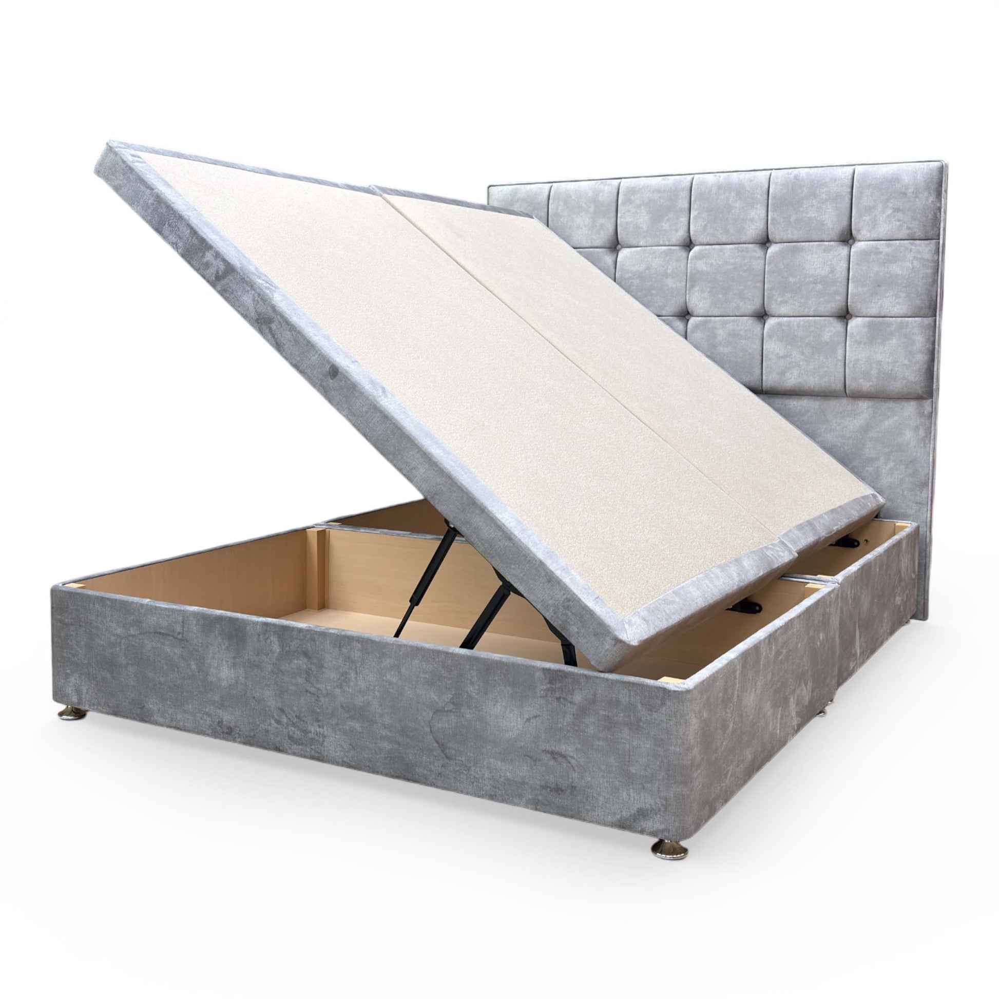 View of the side-lift mechanism in action, demonstrating how the ottoman base opens for storage access.