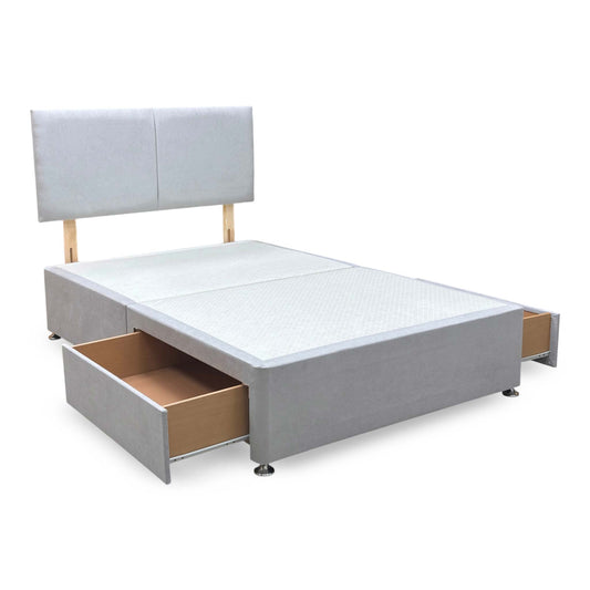 Full view of The ‘Bella’ small double divan bed in Venice Silver fabric, featuring a tall button-tufted headboard and a coordinating silver-grey upholstered base.