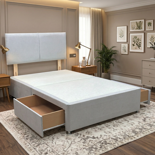 bed room view for the Bella small double bed, highlighting the premium Venice Silver fabric, integrated storage drawers, and high-quality divan construction.