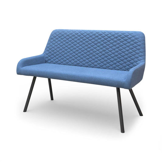 Front view of the Rocket high back dining bench in Mineral Blue fabric.