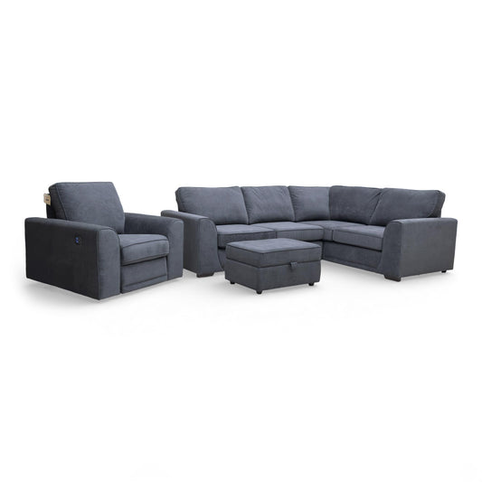 Full View of the complete Orka set in black plaza linen, featuring the L-shaped corner sofa, power recliner chair, and storage stool.