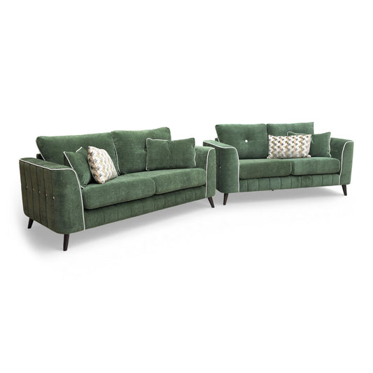 Full view of the Sofology 'Remy' 3-seater and 2-seater sofa set in moss mix chenille with natural contrast piping.