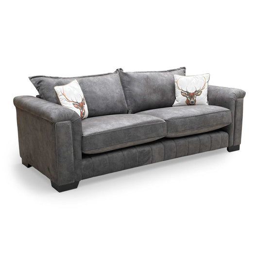 Full view of the DFS 'Dolcie' 4-seater sofa in mink dapple velvet with formal back cushions.