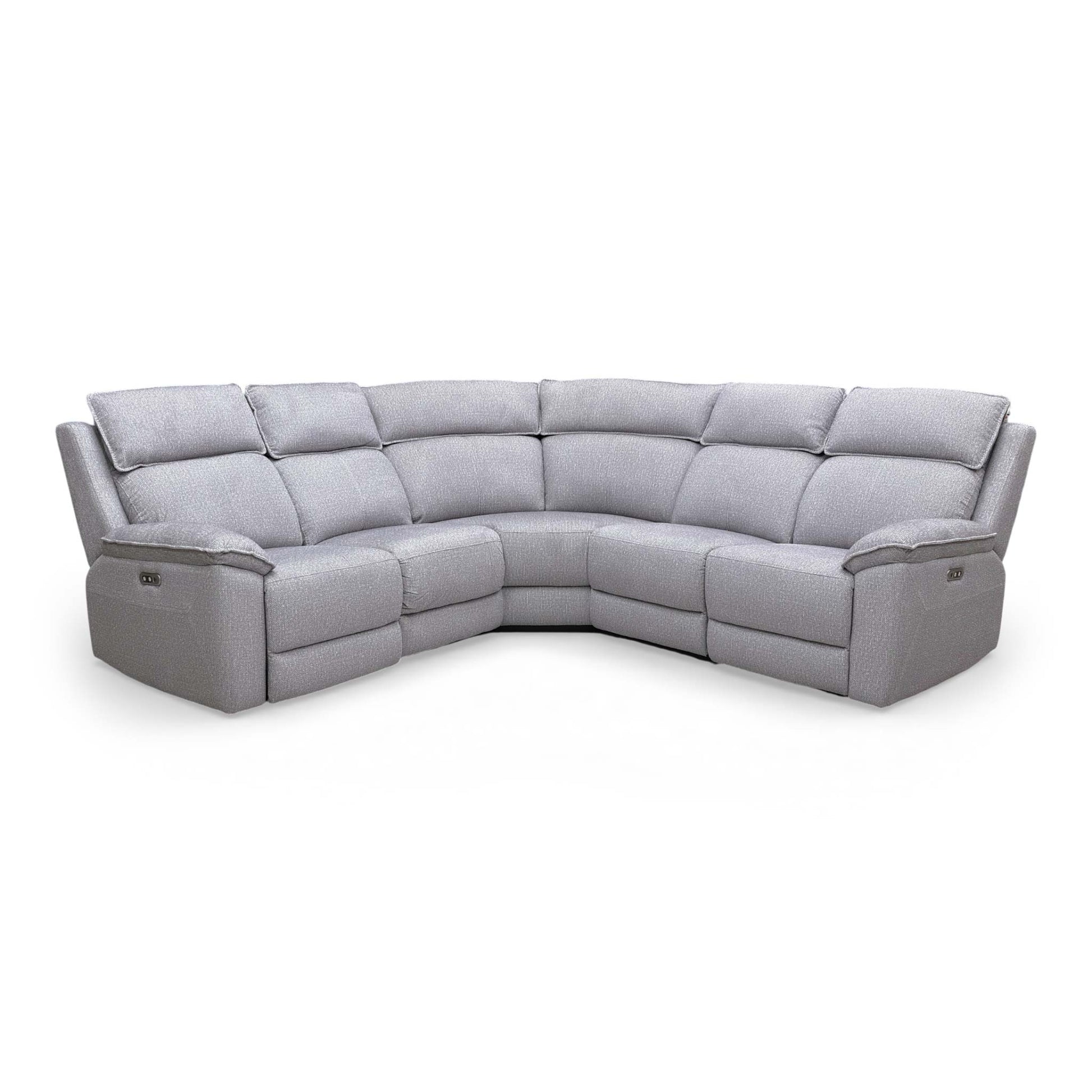 Full frontal view of the 'Blaine' 2-corner-2 power recliner sofa in grey soft woven fabric.