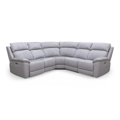 Full frontal view of the 'Blaine' 2-corner-2 power recliner sofa in grey soft woven fabric.
