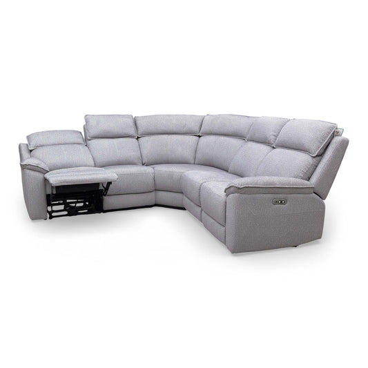 Full view of the 'Blaine' 2-corner-2 power recliner sofa in grey soft woven fabric.