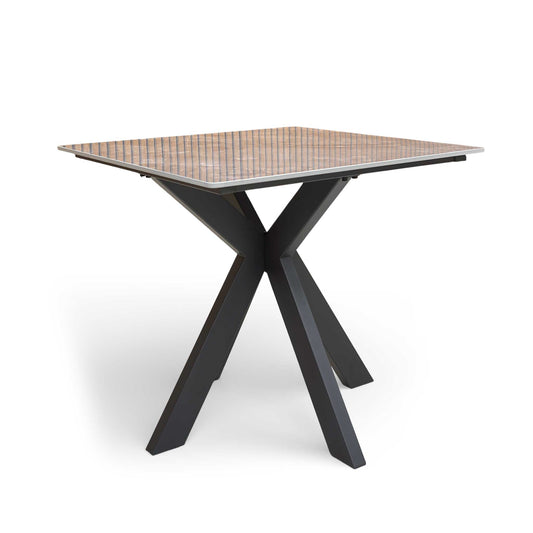 Full view of the 'Kyoto' 80cm square dining table, highlighting its compact size and grey marble effect top.