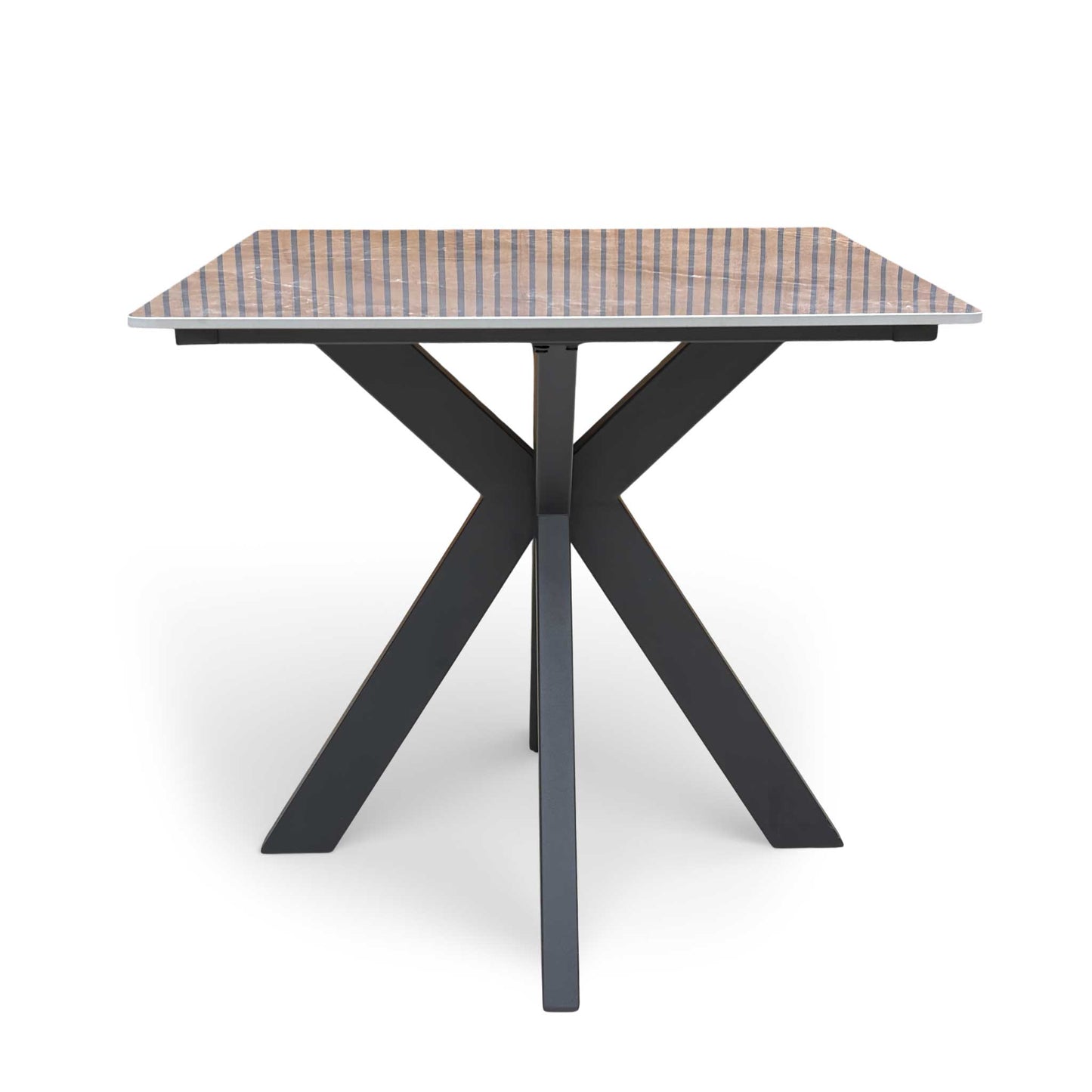 Front view of the 'Kyoto' 80cm square dining table, highlighting its compact size and grey marble effect top.