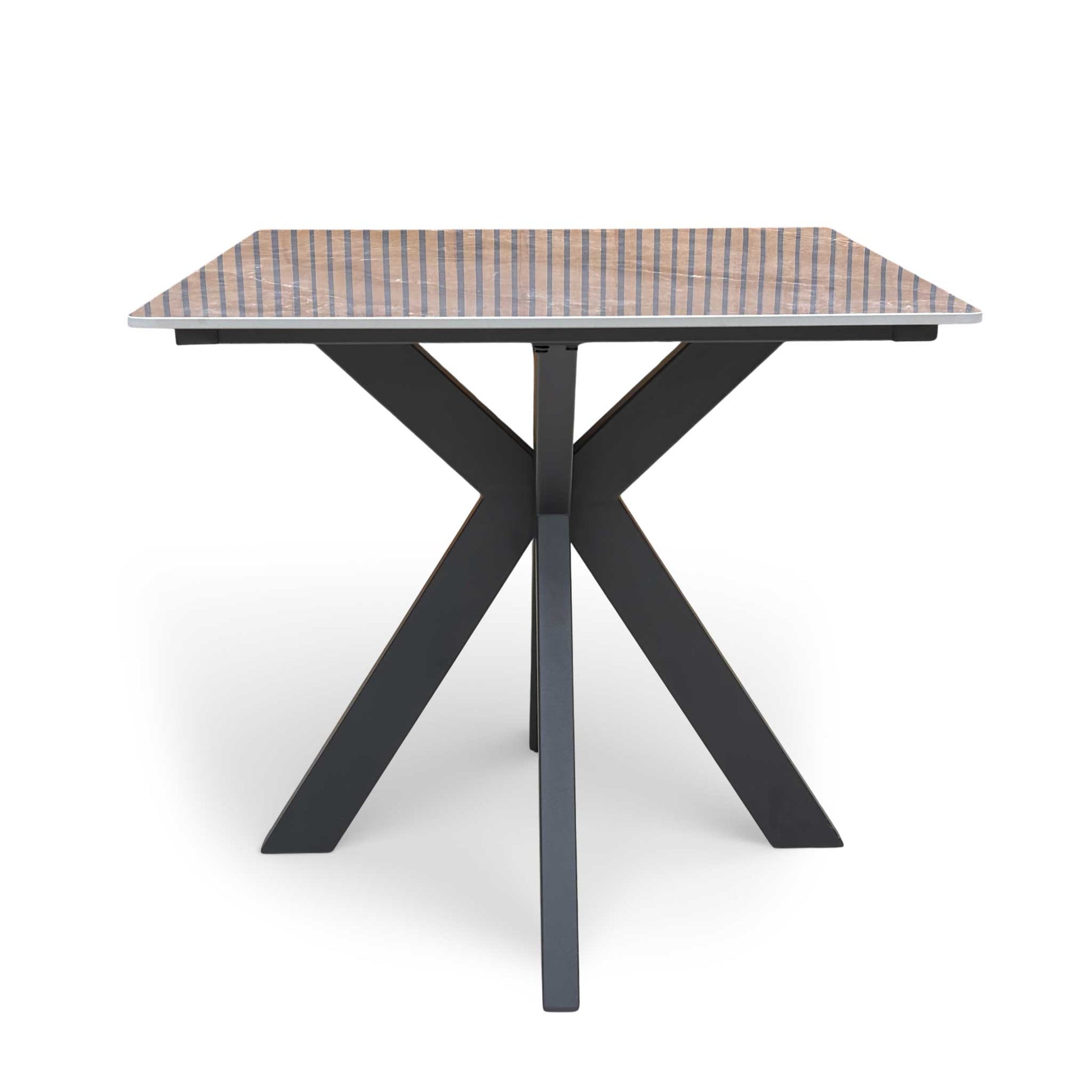 Front view of the 'Kyoto' 80cm square dining table, highlighting its compact size and grey marble effect top.