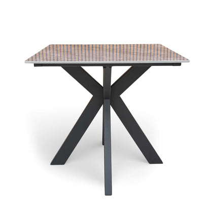 Front view of the 'Kyoto' 80cm square dining table, highlighting its compact size and grey marble effect top.