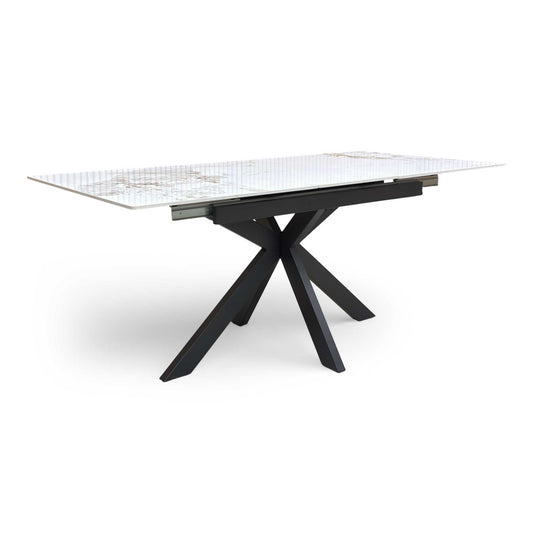 Full view of the 'Kyoto' extending dining table in its compact 140cm form, featuring a bright white marble effect top.