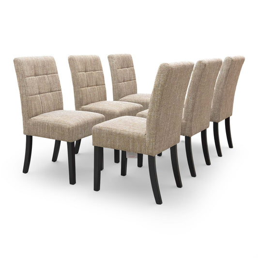 Full View shot of the six 'Akita' oatmeal waffle tweed chairs, showing the full set arranged in a dining configuration.