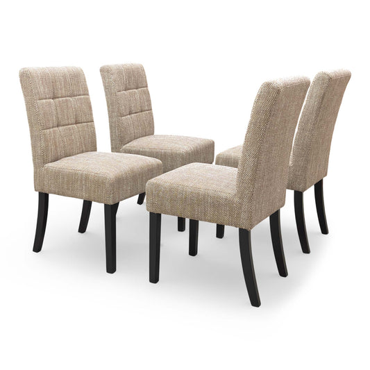 Front view of the 'Akita' dining chair set, showcasing the oatmeal waffle tweed fabric and modern silhouette.
