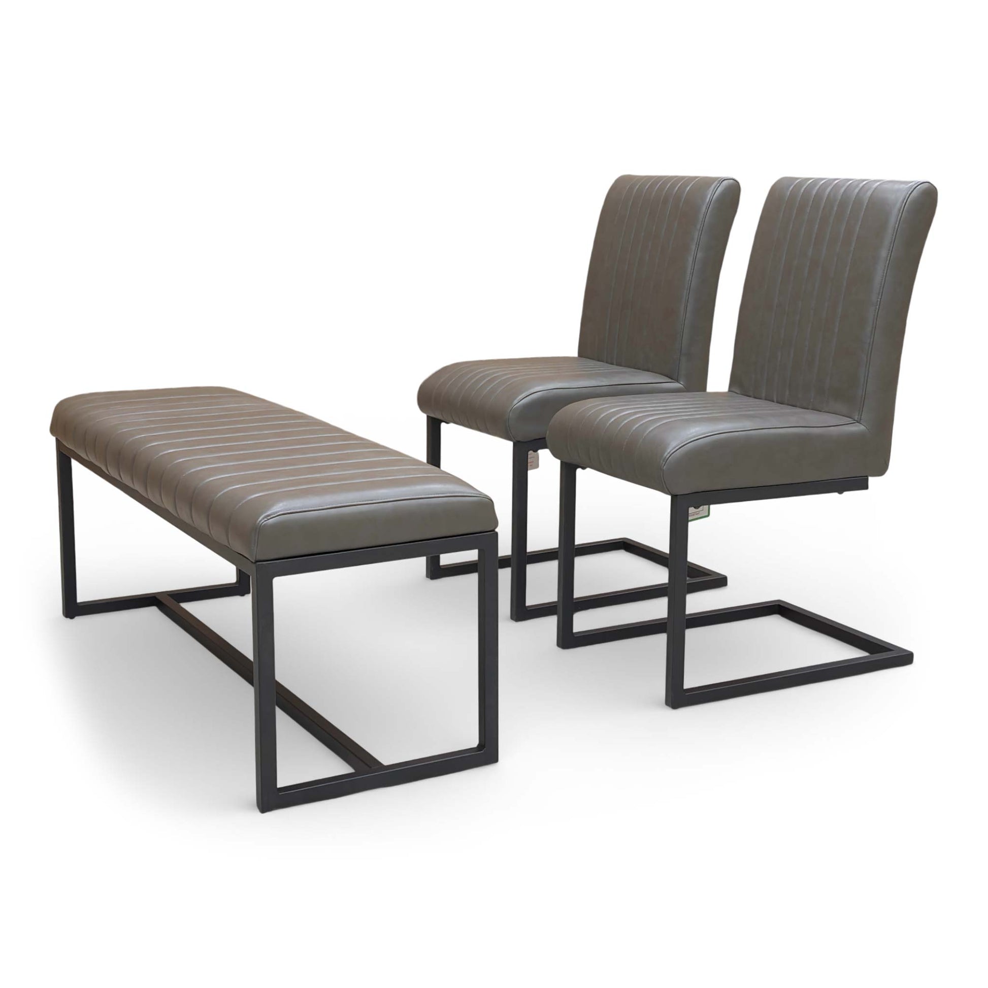 Front view of the 'Arthur' dining set featuring the 120cm grey faux leather bench and two cantilever chairs.