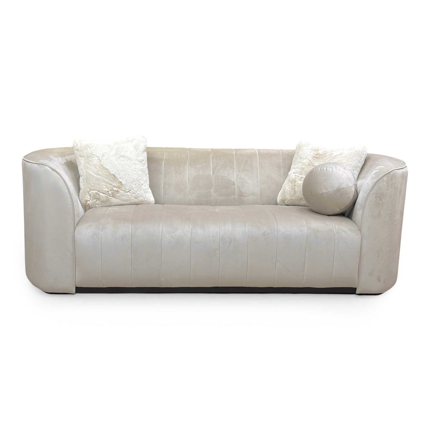 Front view of the Sofology 'Fitzrovia' 3 seater sofa in matt velvet stone mix, showing its modern silhouette.