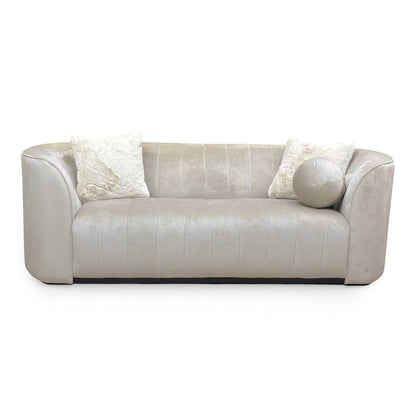 Front view of the Sofology 'Fitzrovia' 3 seater sofa in matt velvet stone mix, showing its modern silhouette.